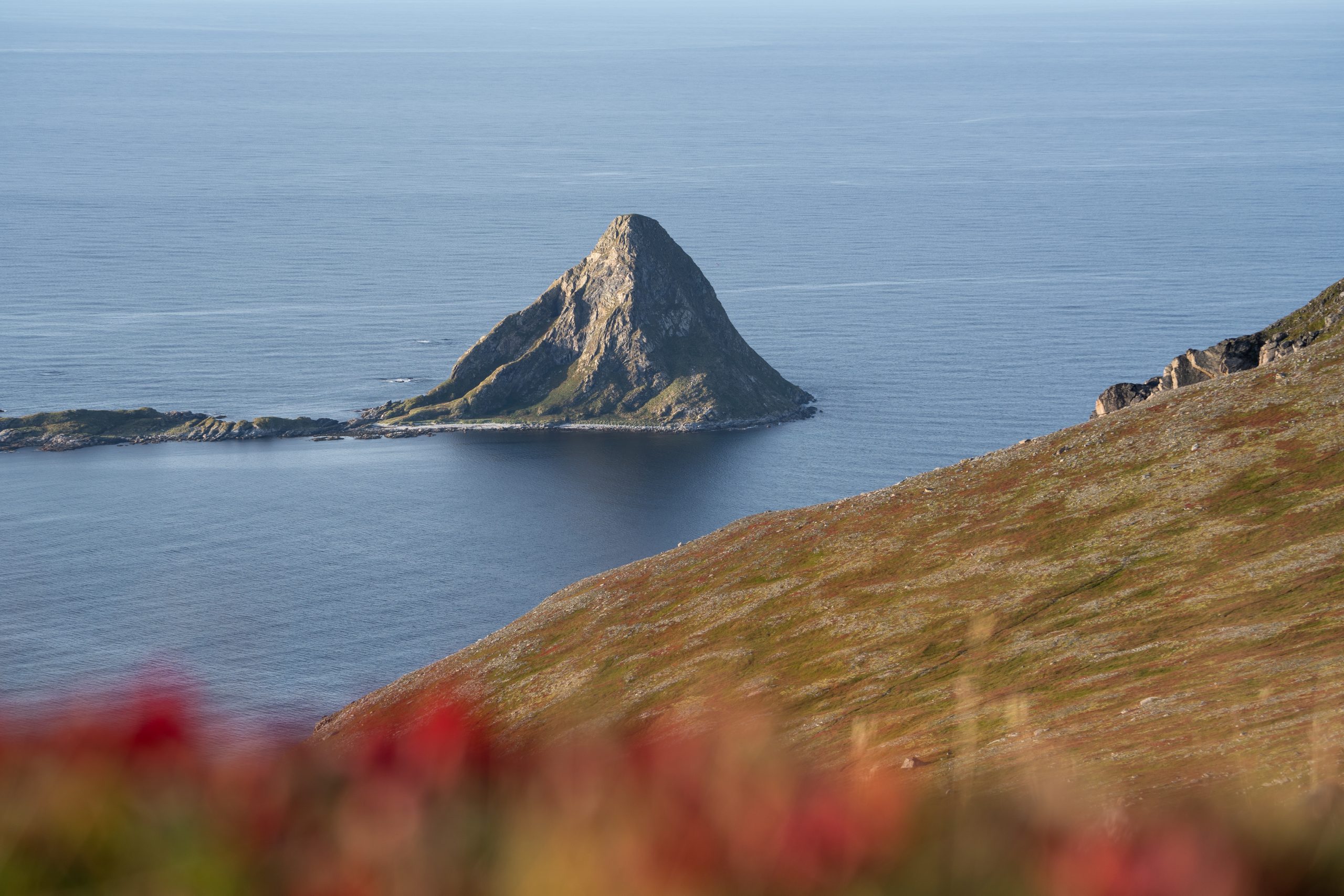 Blick auf Vogelschutzinsel Bleiksøya vom Matind