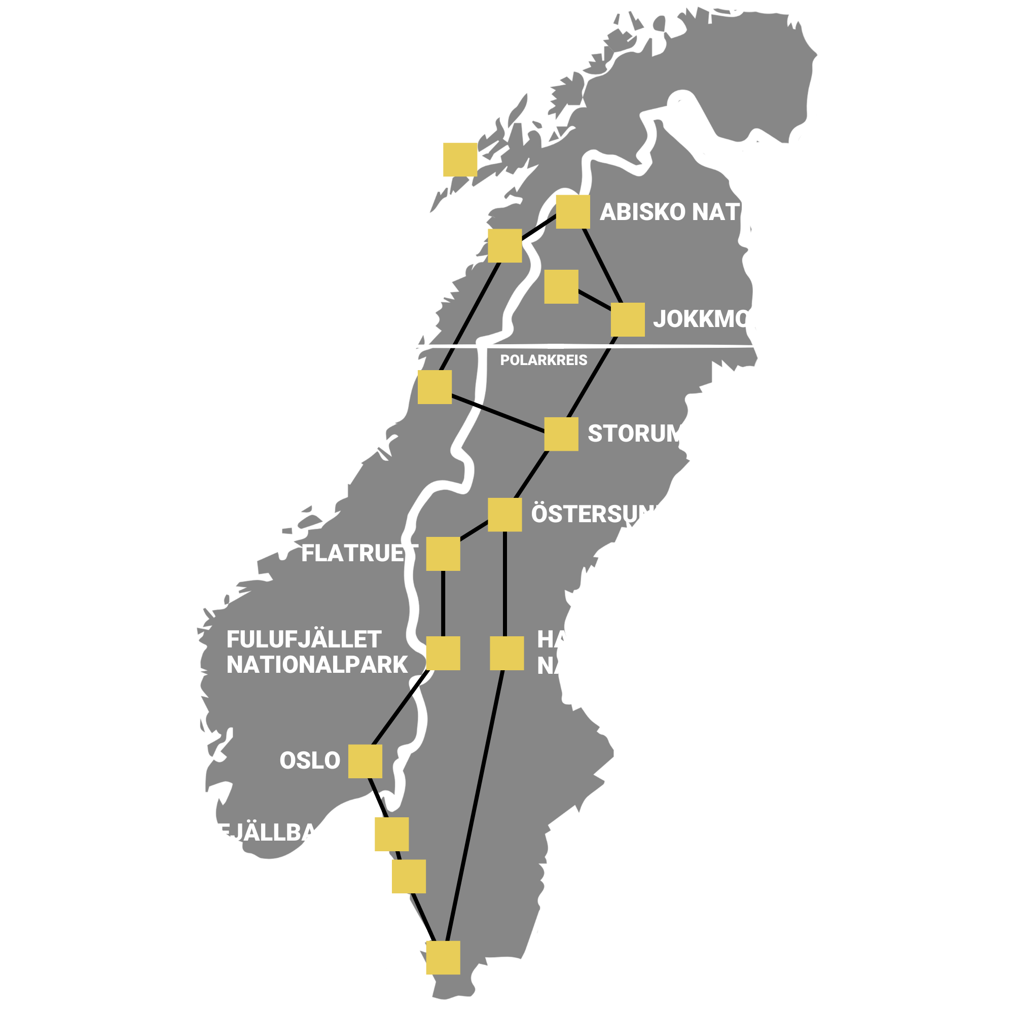 Routenkarte_4 Wochen Polarkreis Route Norwegen und Schweden