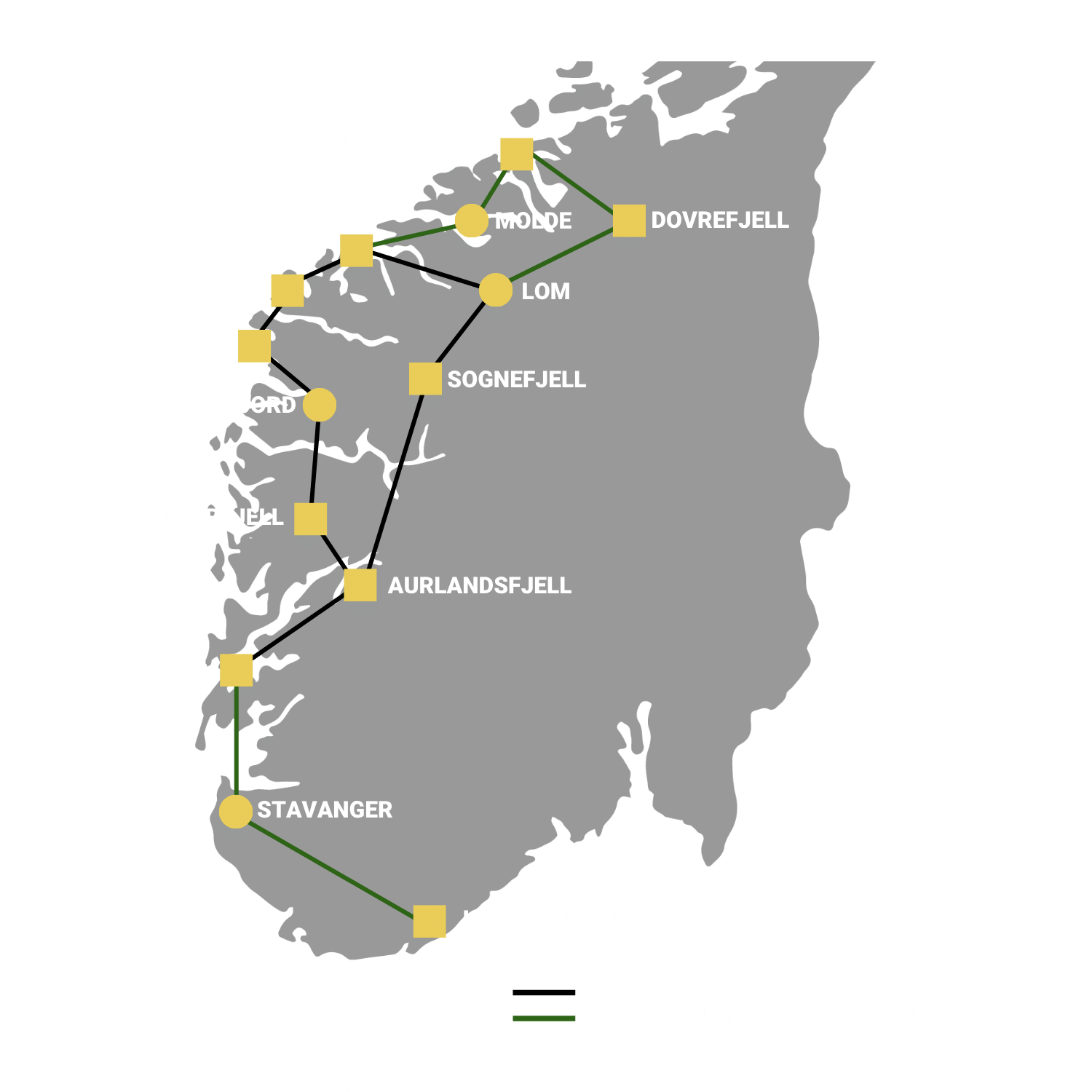 Digitale Routenkarte Übersicht_Norwegen Westküste Route 2-3 Wochen